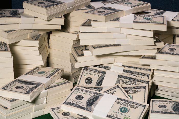 Stacks of one million US dollars in hundred dollar banknotes.