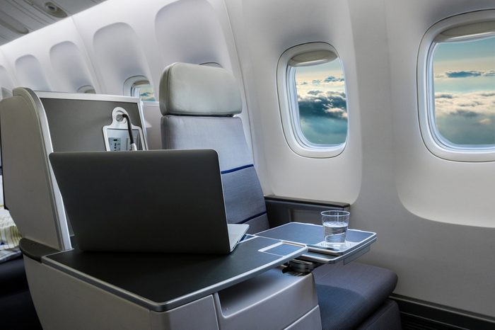 Airplane cabin business class interior view 
