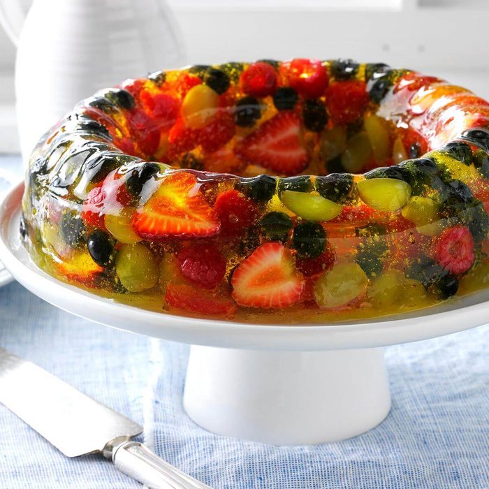 A platter holding a Sangria Gelatin Ring Salad