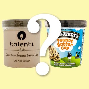 Two ice cream containers, Talenti and Ben & Jerry's, are placed side by side with a large question mark between them on a yellow background.