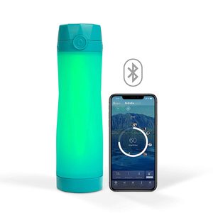 A glowing teal water bottle connects via Bluetooth to a smartphone displaying a hydration tracking app, set against a plain white background.