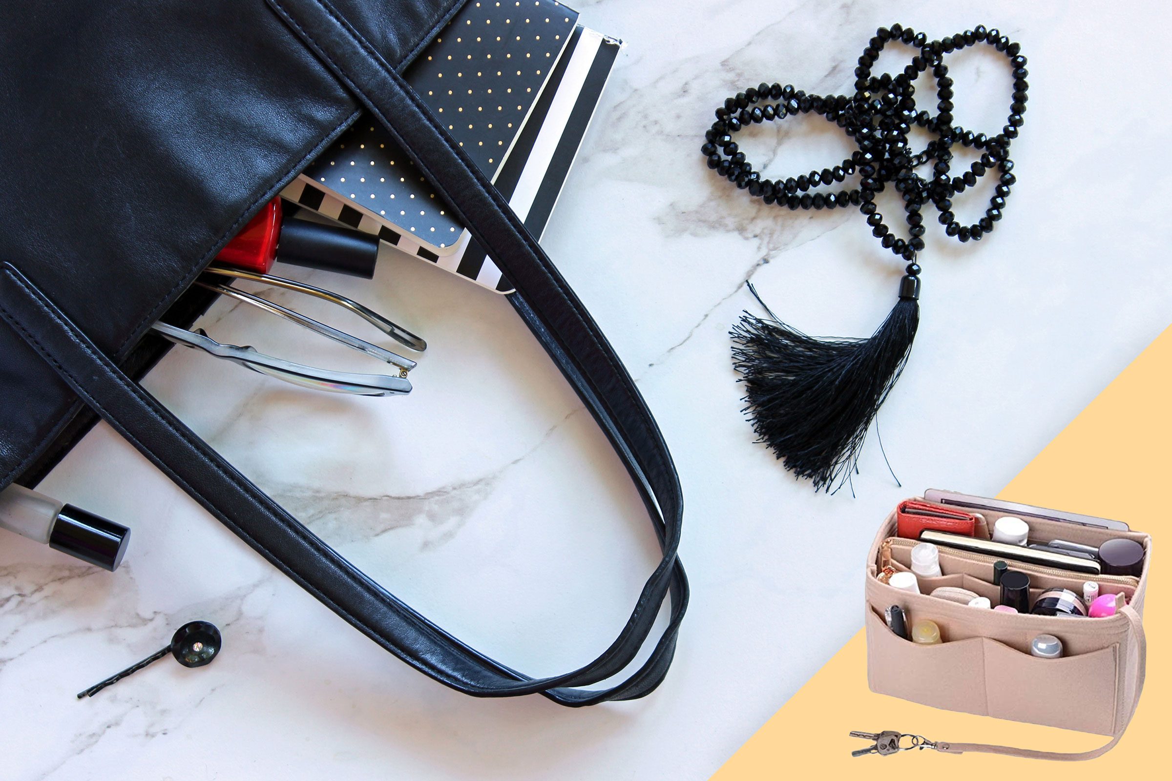 everyday bag spilled out on counter with suggested product