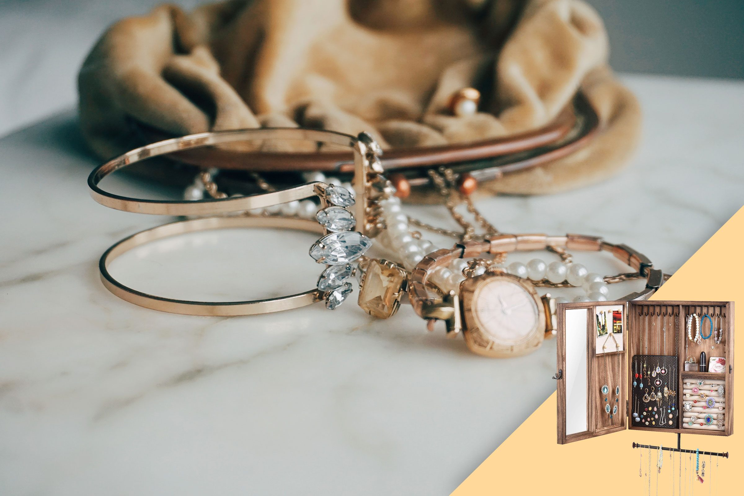 jewelry on a counter with suggested product