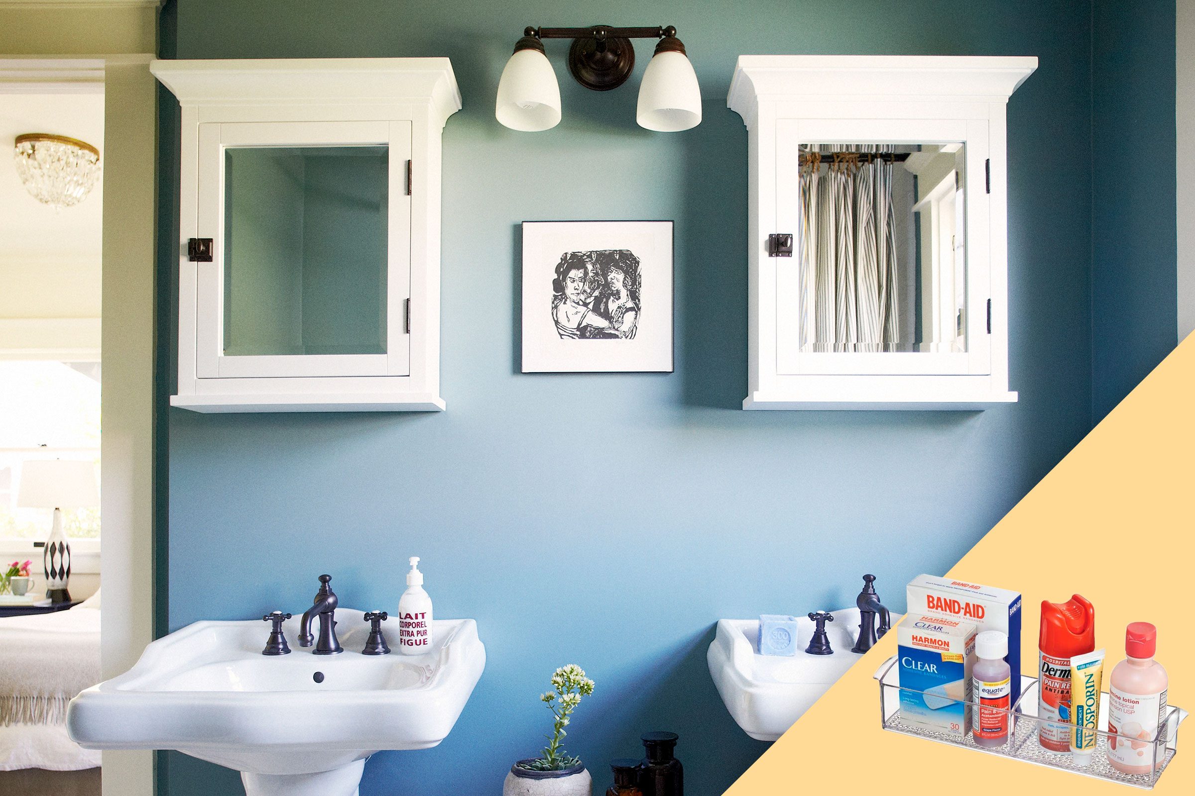 bathroom with double sinks and double medicine cabinets; with suggested product