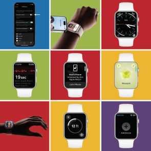 Smartwatches display various apps, notifications, and functions. Watches show health data and control devices, with colorful backgrounds highlighting each feature. A phone displays notification settings.