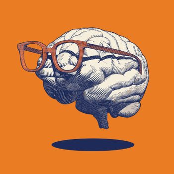A brain wearing large glasses floats above a shadow, set against a bright orange background.