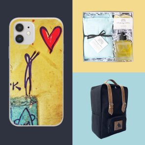 Phone case features stick figure and heart; gift set includes oil and cloth; backpack is black with tan straps on colored backgrounds.