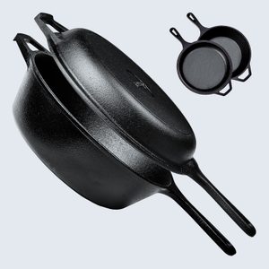 Stacked cast iron skillets rest on a light background; nearby, two smaller skillets overlap each other neatly.