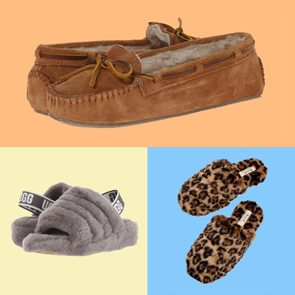 Three types of slippers displayed: suede moccasins on orange, grey fluffy sandals with a strap on yellow, and leopard print slippers on blue.