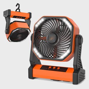 Portable orange fan displayed standing and hanging, with LED lights around blades, set against a neutral background. Control buttons visible at the base.