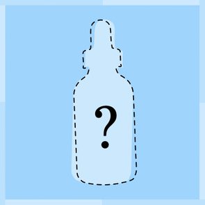Dotted outline of a bottle with a question mark, set against a light blue background.