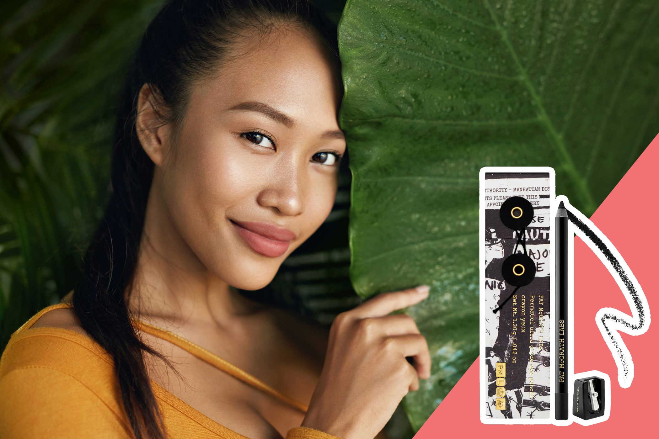 inset of Eyeliner on photo of a woman posing with a leaf