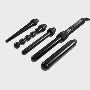 Hair curling set with five interchangeable wands displayed on a white background. Each wand has a different shape for varied curling styles.