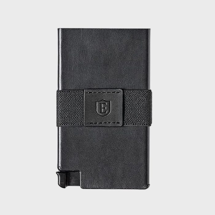 Black wallet with an elastic band, embossed logo, and a button. The wallet is closed, set against a plain, light background.