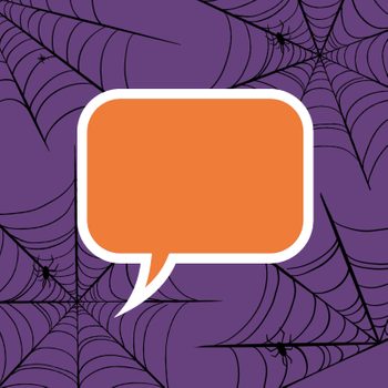 Orange speech bubble centered on a purple background with black spiderwebs and spiders.