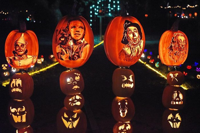 Wizard of Oz characters carved into halloween pumpkins