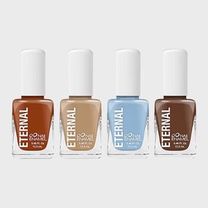 Nail polish bottles stand displayed; colors include brown, tan, blue, and dark brown; labeled 