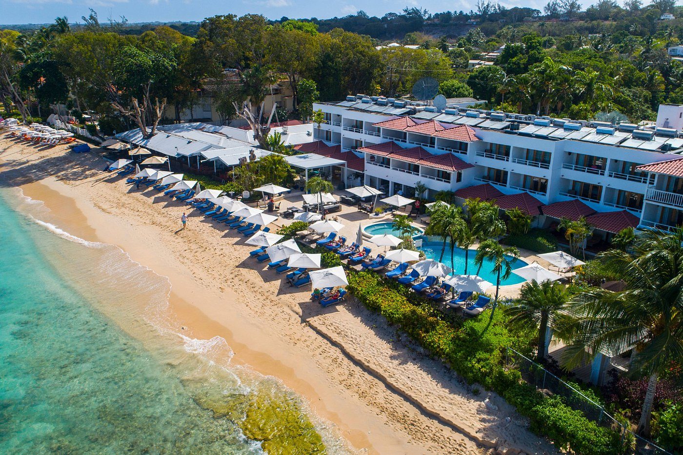Beach chairs line sandy shore, facing turquoise sea; hotel with pool and palm trees sits nearby, surrounded by lush greenery.