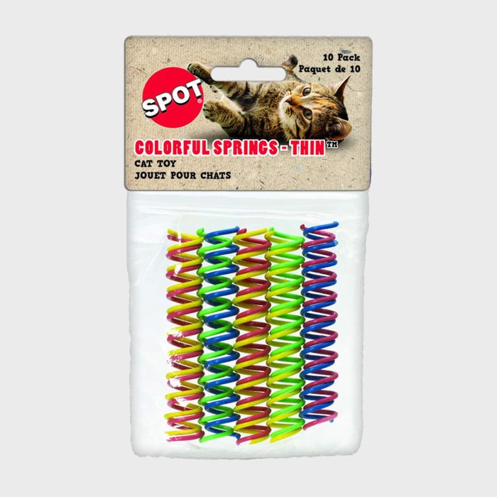 Cat toy springs displayed in packaging; colorful coils arranged neatly. Package includes a cat image with text: 
