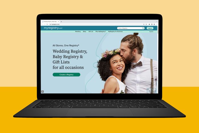 Laptop displays couple smiling with text: 