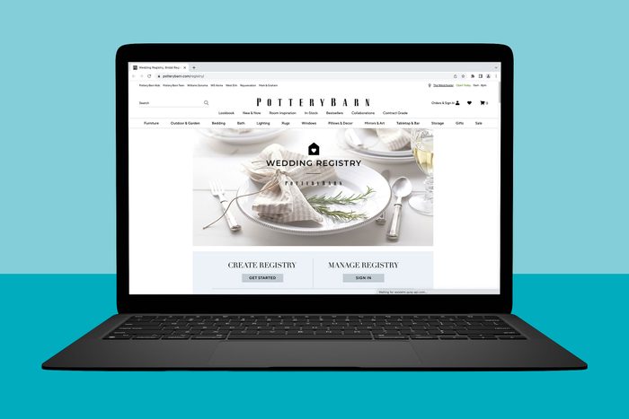 Laptop displaying Pottery Barn website's wedding registry page with options to create or manage a registry, against a plain turquoise background.