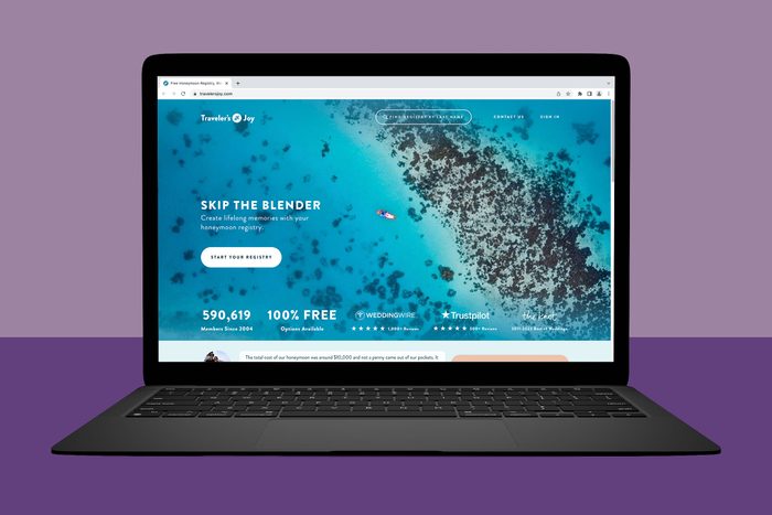 Laptop screen displays a website promoting a honeymoon registry service with a turquoise ocean background. Text includes, 