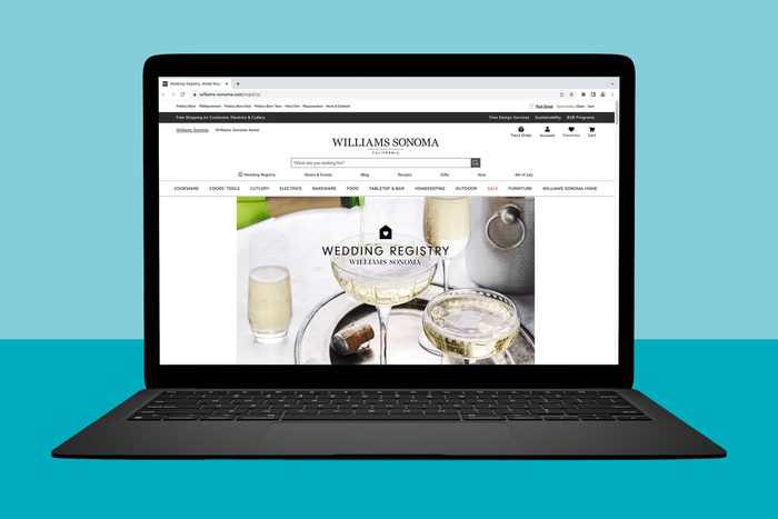 Laptop displays a website; users browse Williams Sonoma wedding registry. Background color: turquoise. Images of champagne glasses and a bar setting are featured.