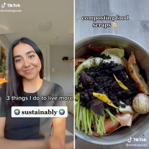 A person smiles indoors; food scraps are composted in a metal bowl. Text: 