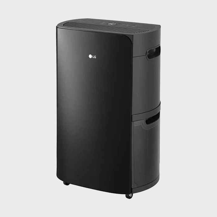 Black dehumidifier with a sleek design, standing on small wheels, placed against a plain white background.