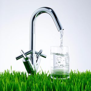 Chrome faucet pours water into a glass surrounded by green grass, against a plain background.