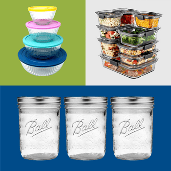 Bowls stacked with colorful lids, glass containers filled with food, and mason jars lined up against blue and green backgrounds.