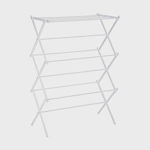 Clothes drying rack stands open, displaying multiple horizontal bars; set against a plain white background.