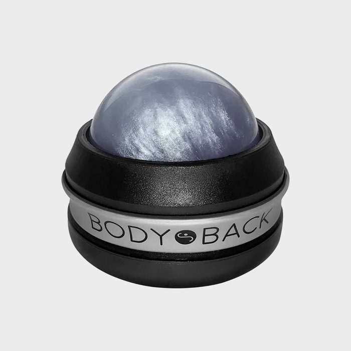 Plastic roller ball labeled 