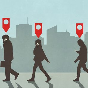Silhouetted figures walk, use phones, against a city skyline. Red map markers hover above each person, indicating tracking or navigation.