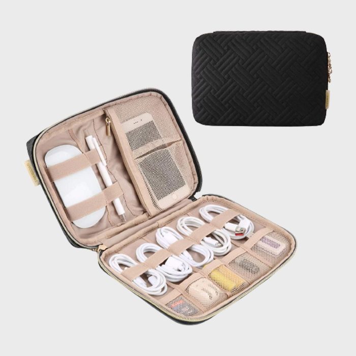 Open black pouch displaying organized cables, charger, and phone in elastic bands and mesh pockets; closed pouch appears textured against a plain background.