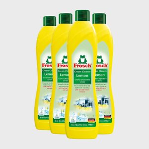 Four yellow bottles stand together, labeled 