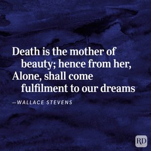 Text displays quote by Wallace Stevens on dark blue textured background, emphasizing death's role in birthing beauty and fulfilling dreams.