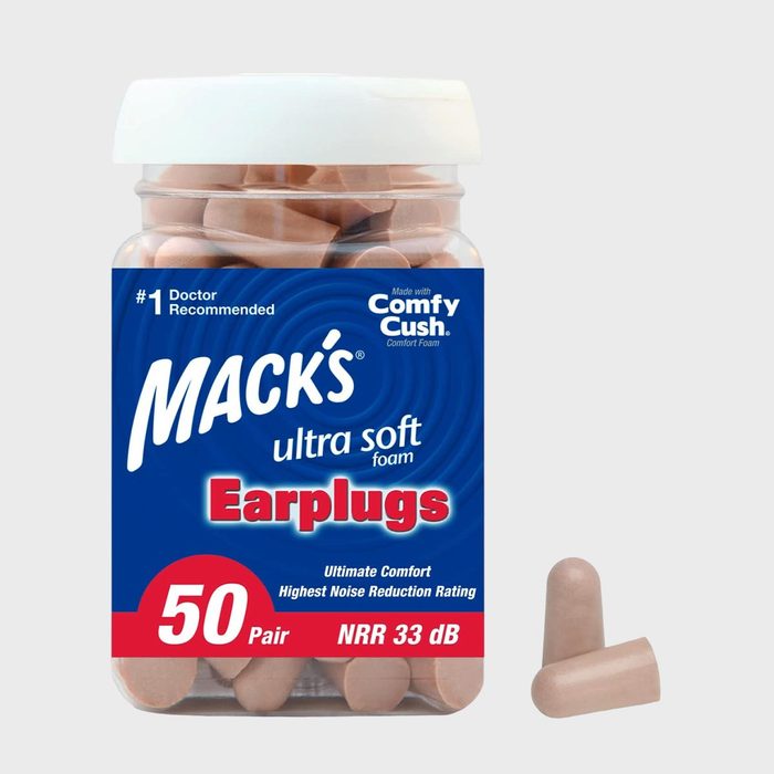 Jar contains beige earplugs; label reads 