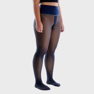 Person standing, wearing high-waisted black and blue tights; set against a plain, white background.