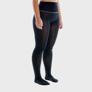 Person wearing black high-waisted leggings, standing with arms relaxed, in a neutral studio environment.