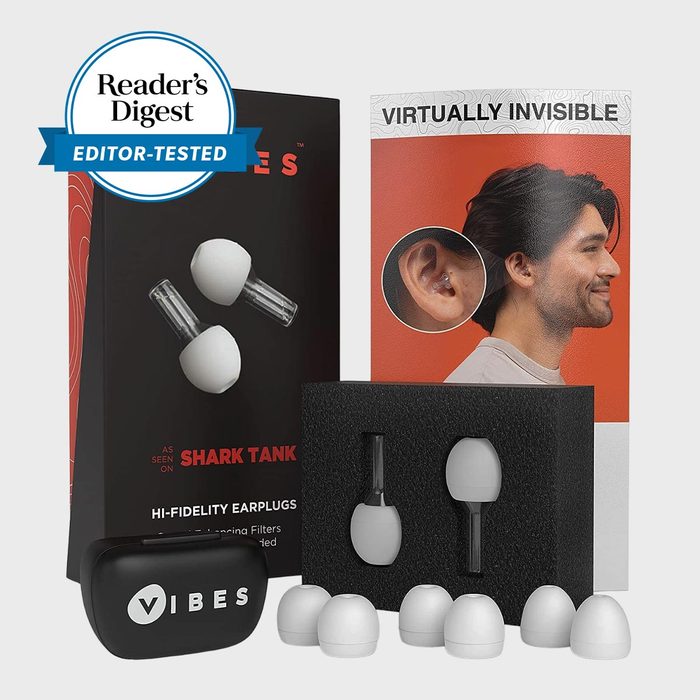 Earplugs displayed with packaging; labeled 