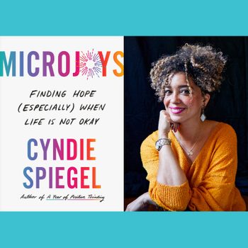 Book cover features "MICROJOYS: Finding Hope When Life is Not Okay" by Cyndie Spiegel. A smiling woman in a yellow sweater poses thoughtfully.