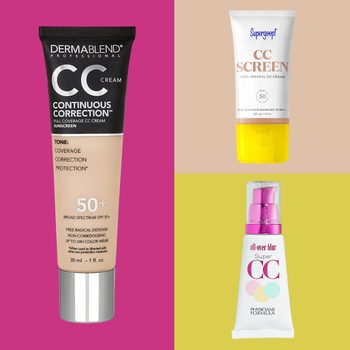 Three CC cream tubes are displayed: one on a pink background, two on a beige and yellow background, each with distinct branding and colors.
