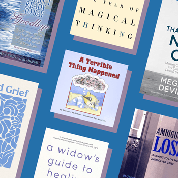 Book covers displayed diagonally, including titles like "A Terrible Thing Happened" and "a widowâ€™s guide to healing," on a blue background.