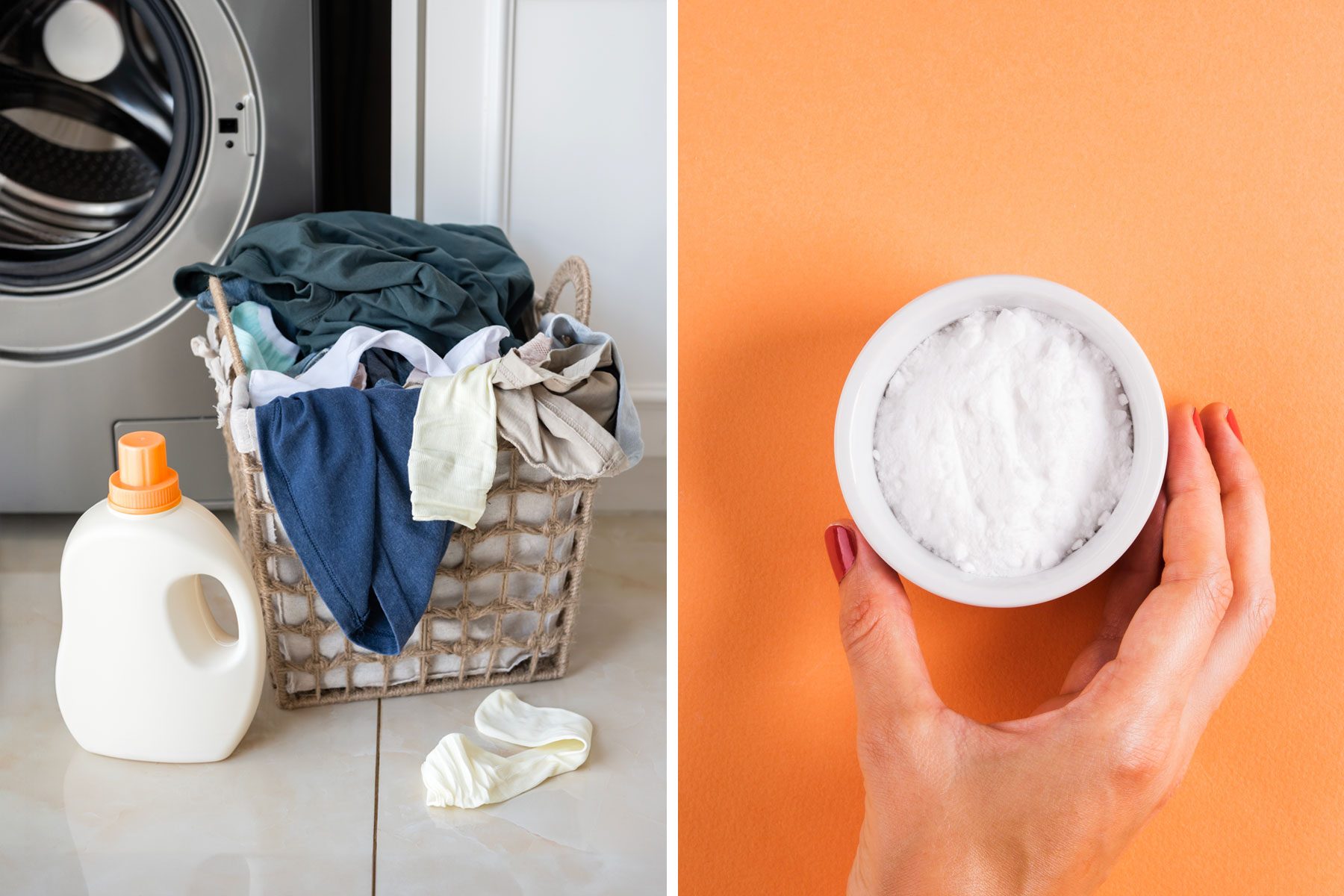 Basket holds laundry beside a washing machine; a detergent bottle sits nearby. Hand holds white powder bowl against an orange background.