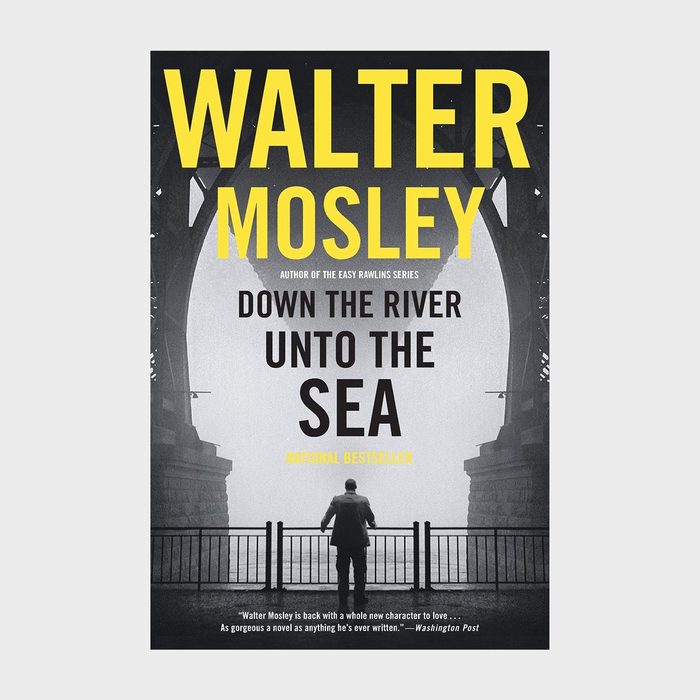 Man stands overlooking river beneath bridge. Book cover reads: 