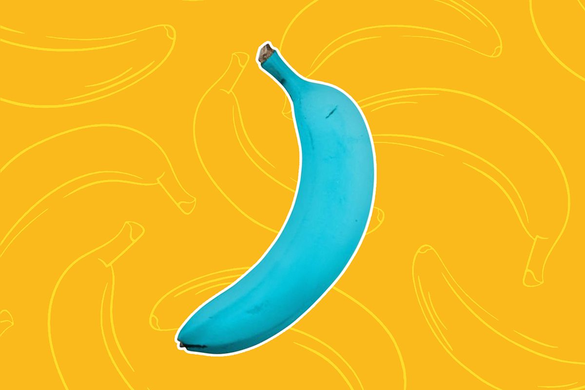 Blue banana on yellow background