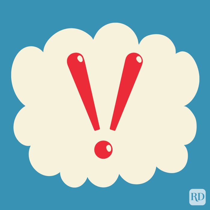 Acclamation Point in the color red on a beige cloud on blue background.