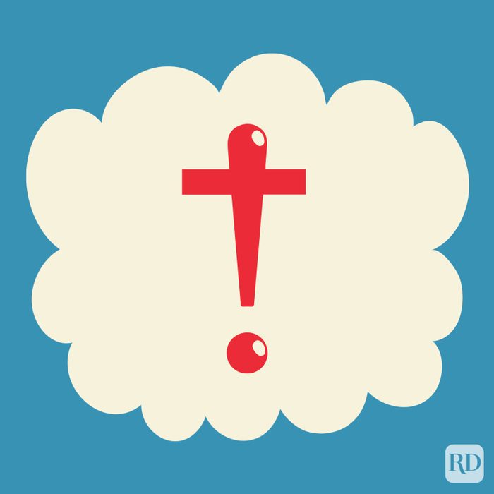 Certitude Point in the color red on a beige cloud on blue background.