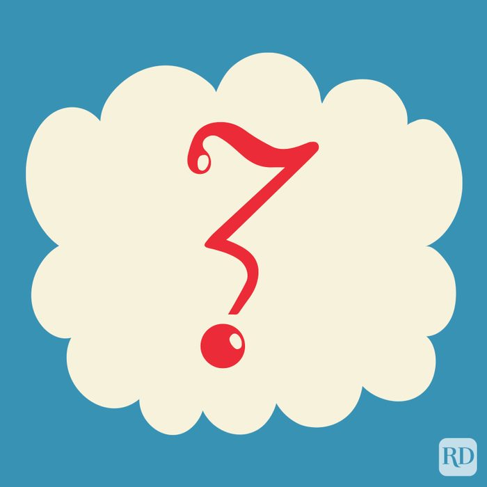 Doubt Point in the color red on a beige cloud on blue background.